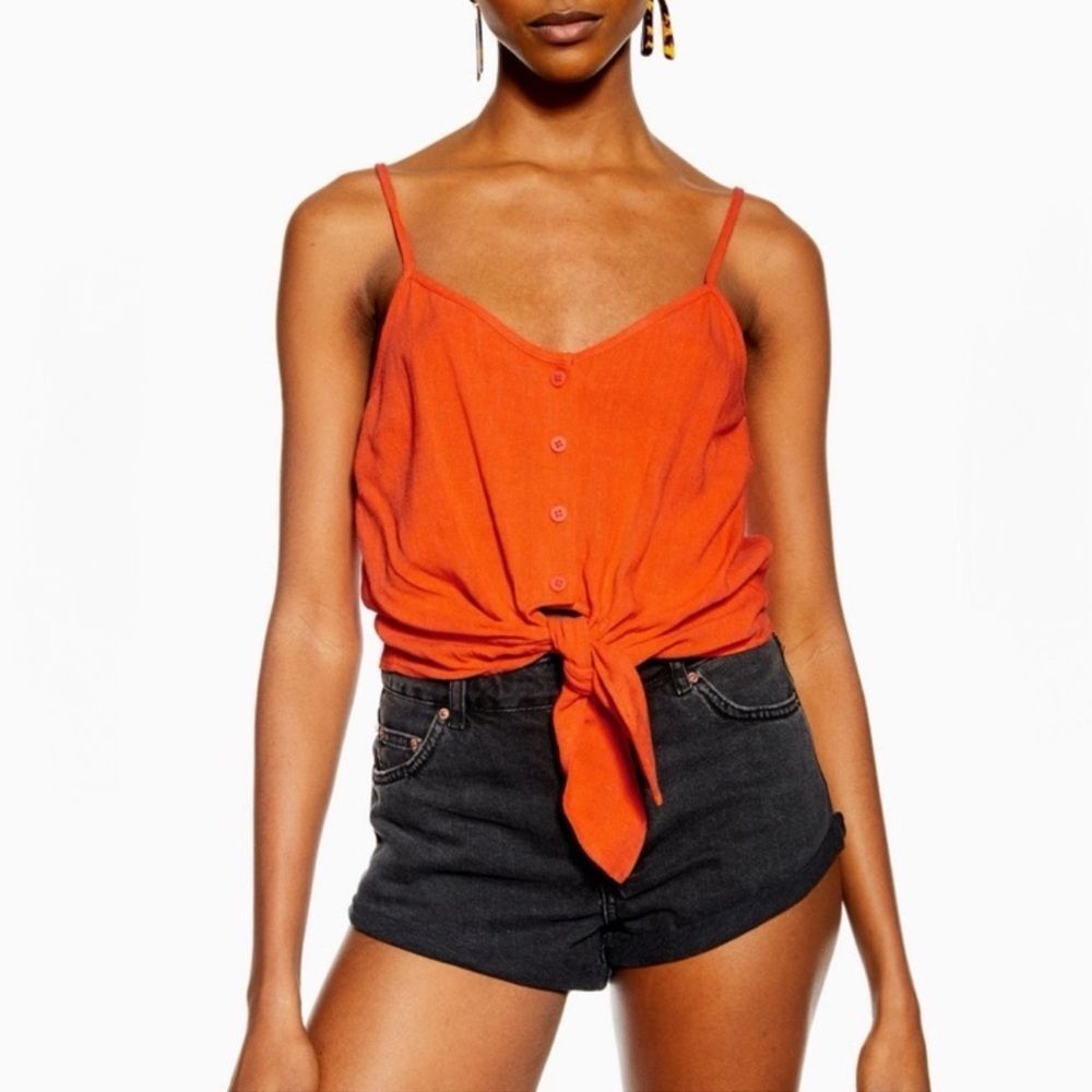 Top Shop Polly Tie Front Orange Linen Blend Camisole Crop Top Size 6